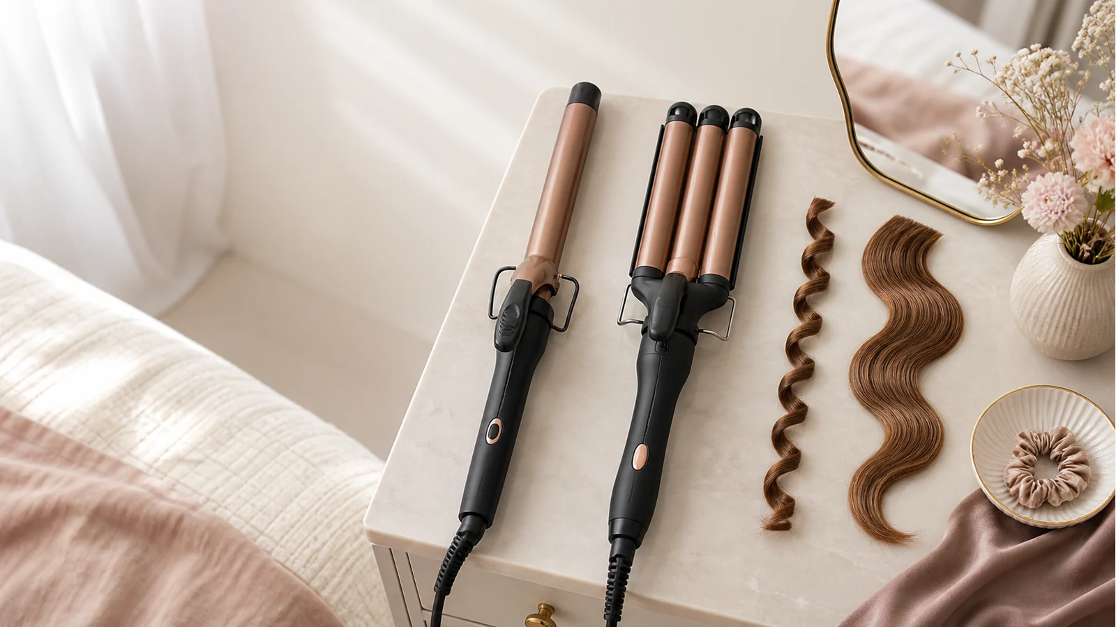 Curling tong and triple-barrel hair waver shown side by side with spiral curl and soft S-wave hair swatches