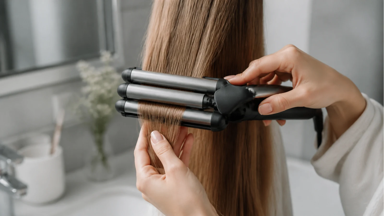 Fine hair being waved with a triple-barrel hair waver using a mid-length clamp