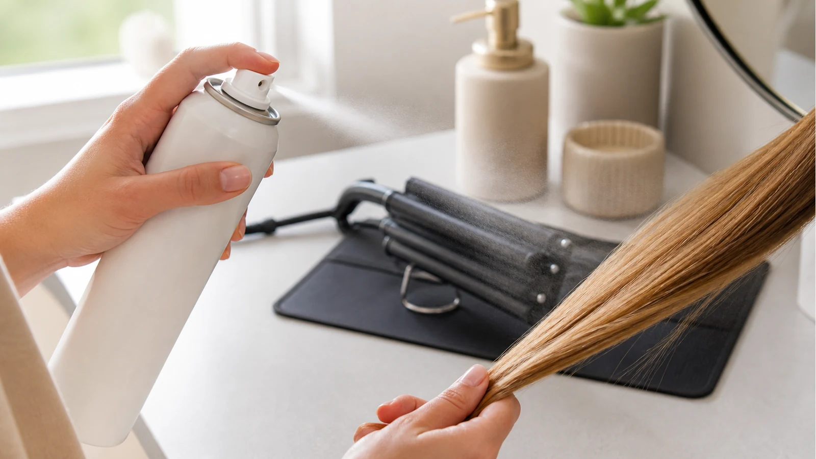Heat protectant spray misted onto dry hair before using a triple-barrel hair waver