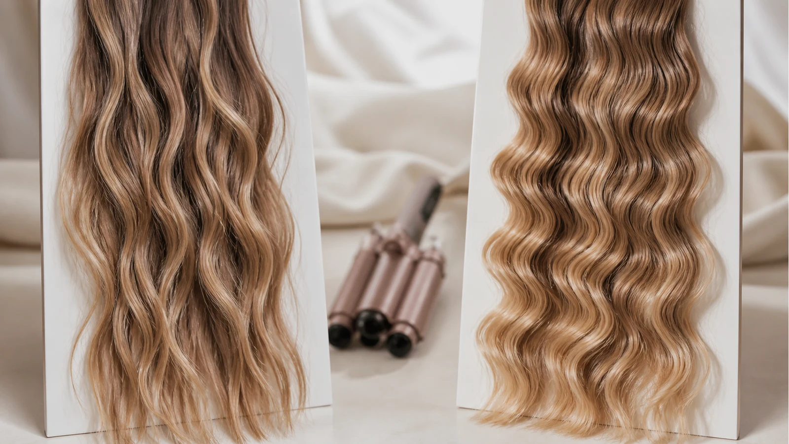 Side-by-side hair swatches showing softer beach waves versus more defined mermaid S-waves