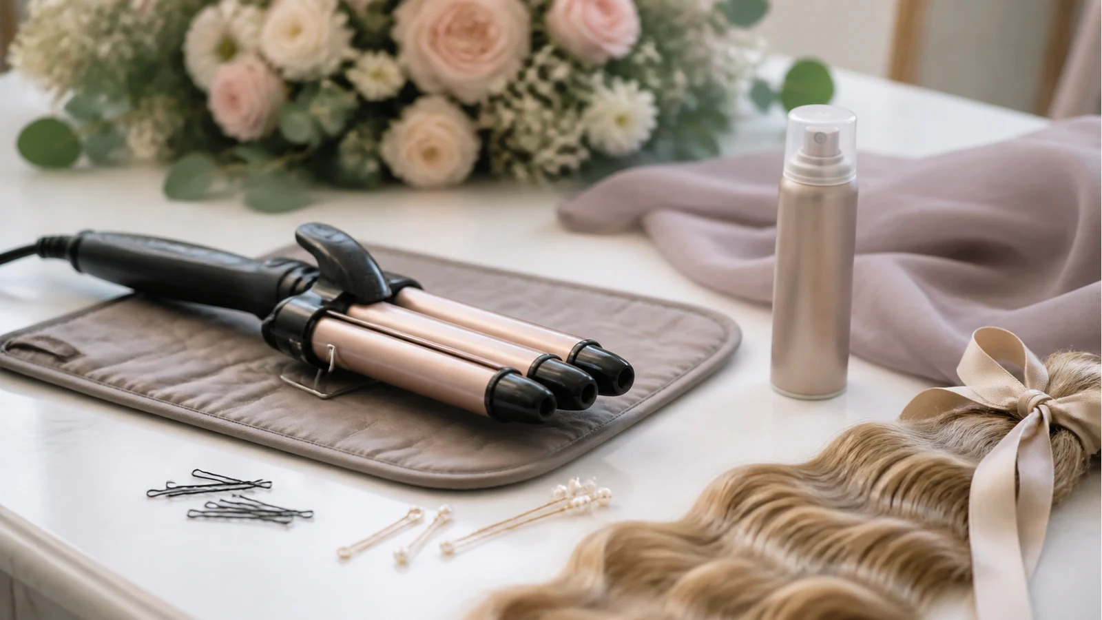 Wedding guest getting-ready table with hair waver, travel hairspray and soft waved hair section